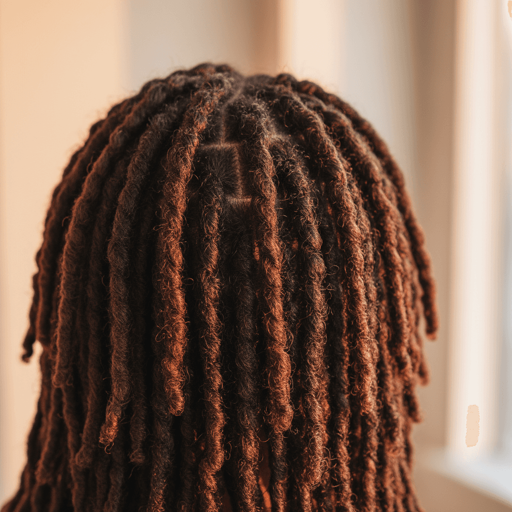 Close-up of natural locs with detail and shine