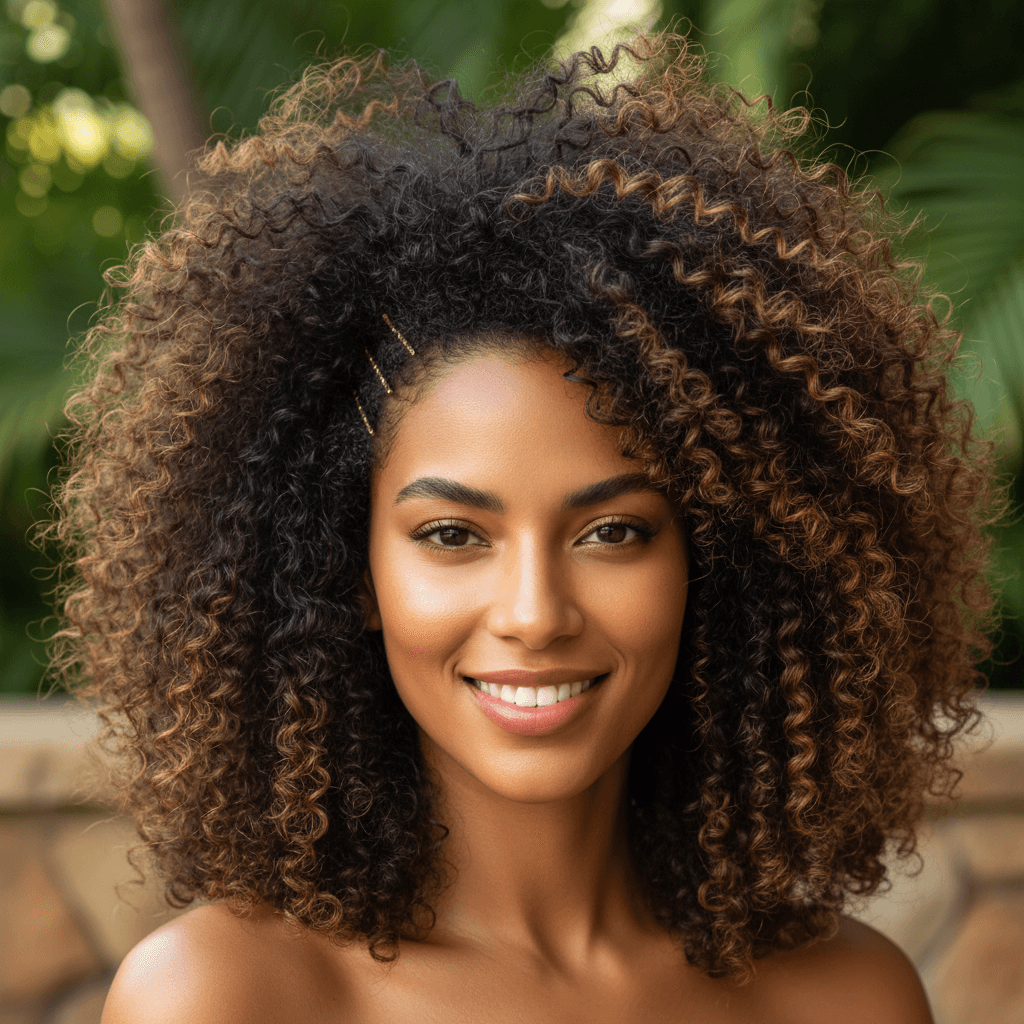 Natural hair styling with volume and texture, showcasing healthy natural curls and coils