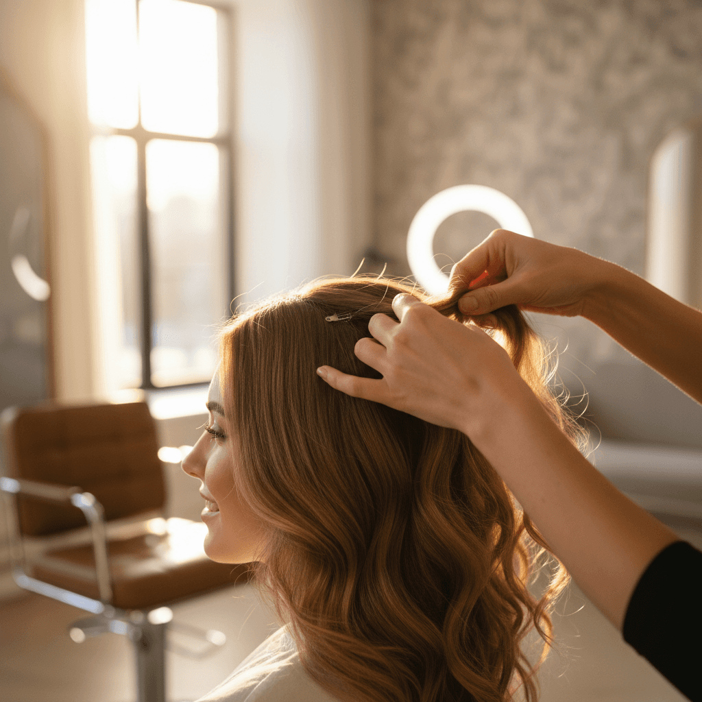 Hair extension service showing blended, natural-looking extensions